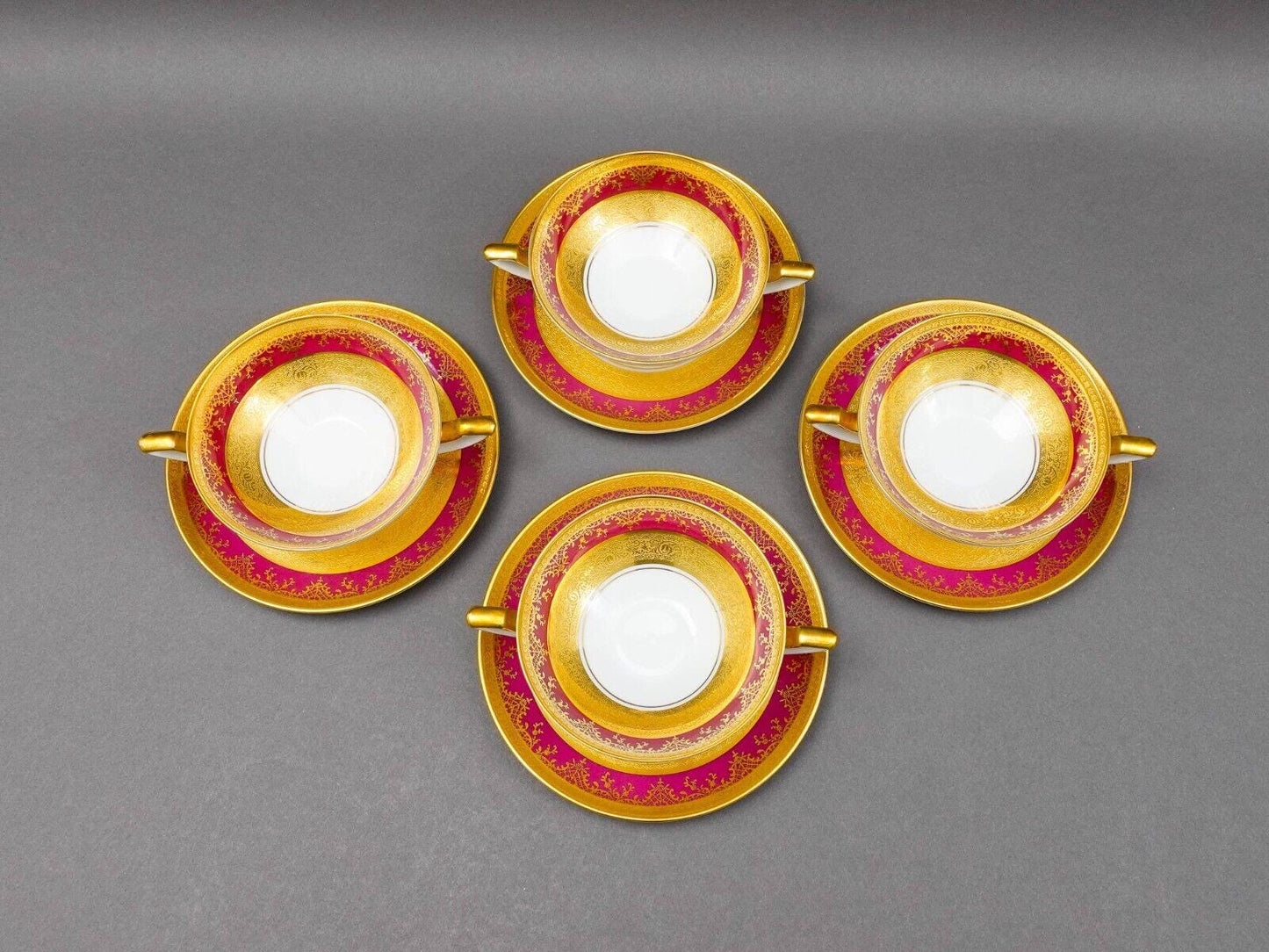 DW Porzellan Karlsbader Wertarbeit Fuchsia Gold Encrusted Cream Soup Bowl Set 4