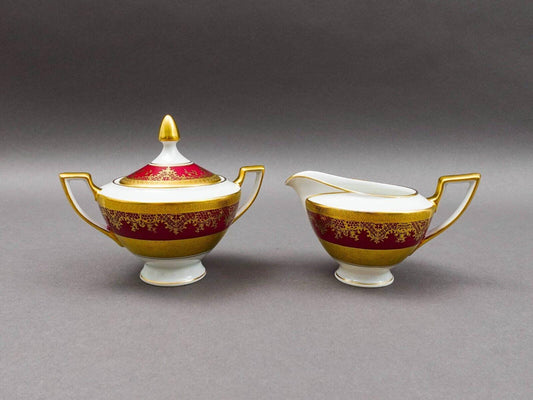 DW Porzellan Karlsbader Wertarbeit Fuchsia Gold Encrusted Creamer Sugar Bowl Set