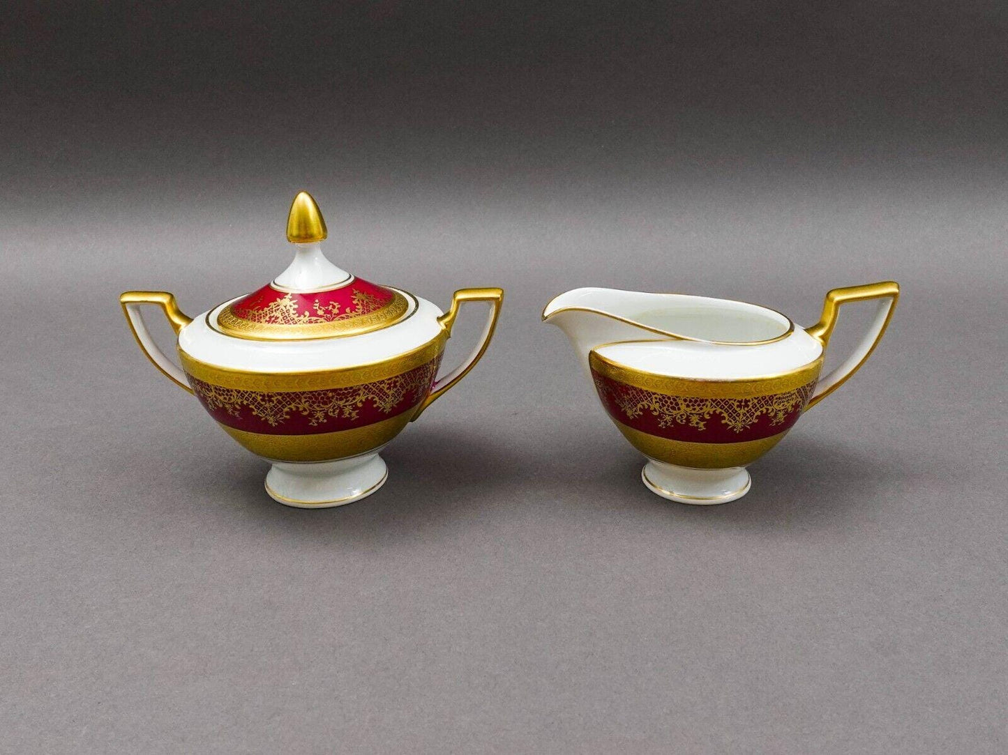 DW Porzellan Karlsbader Wertarbeit Fuchsia Gold Encrusted Creamer Sugar Bowl Set