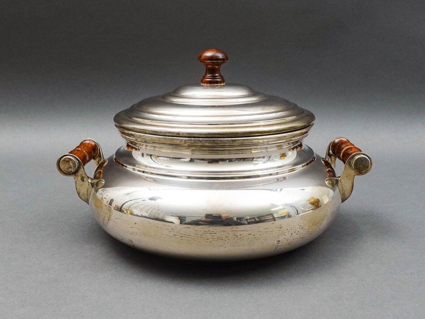 Christofle Geneve 800 Silver Covered Soup Serving Tureen Wood Finial & Handles
