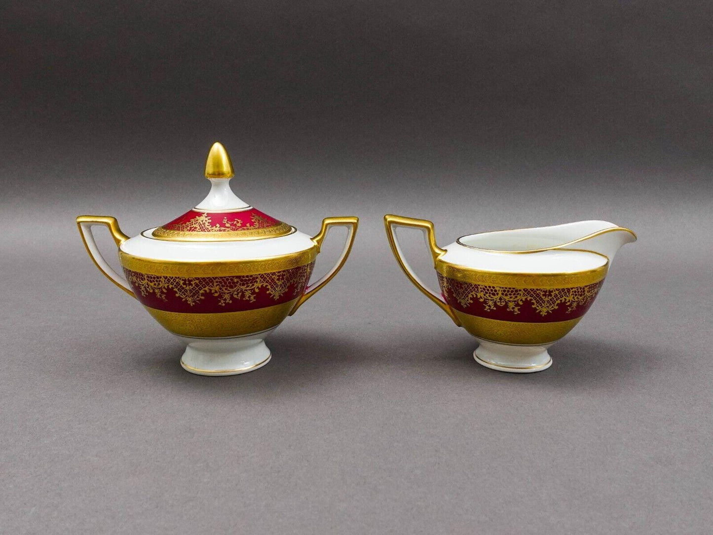 DW Porzellan Karlsbader Wertarbeit Fuchsia Gold Encrusted Creamer Sugar Bowl Set