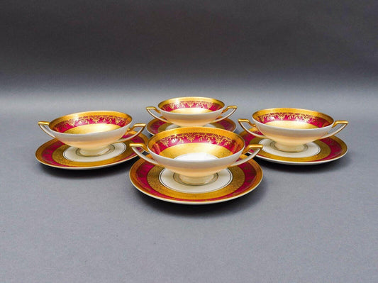 DW Porzellan Karlsbader Wertarbeit Fuchsia Gold Encrusted Cream Soup Bowl Set 4