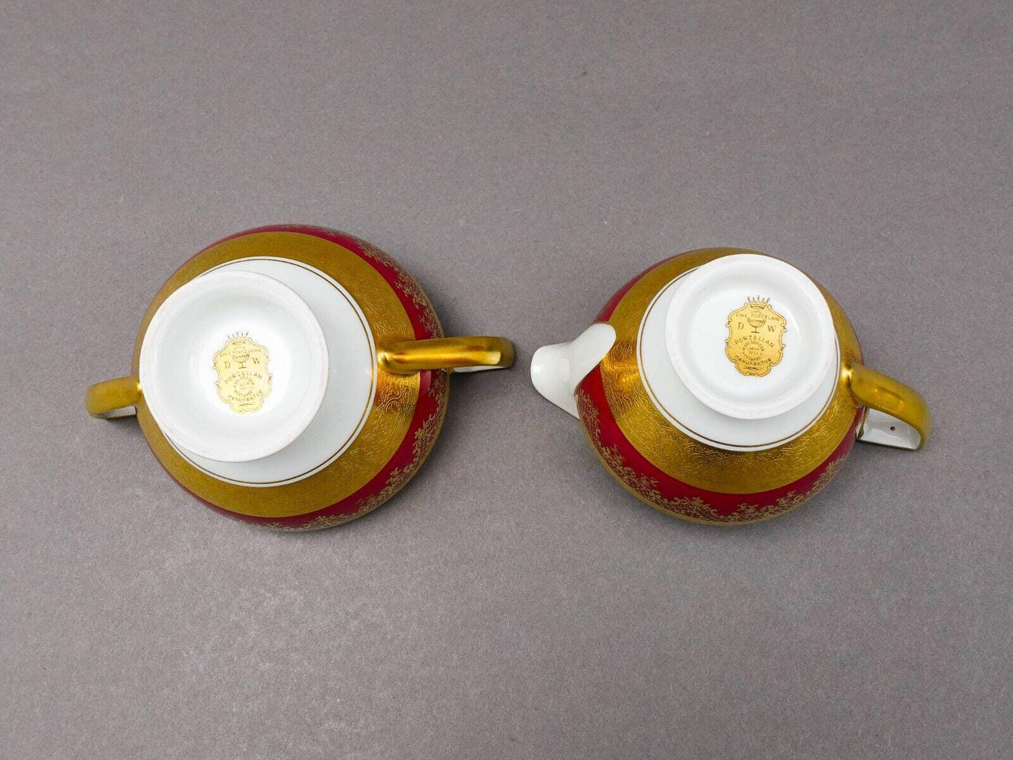 DW Porzellan Karlsbader Wertarbeit Fuchsia Gold Encrusted Creamer Sugar Bowl Set