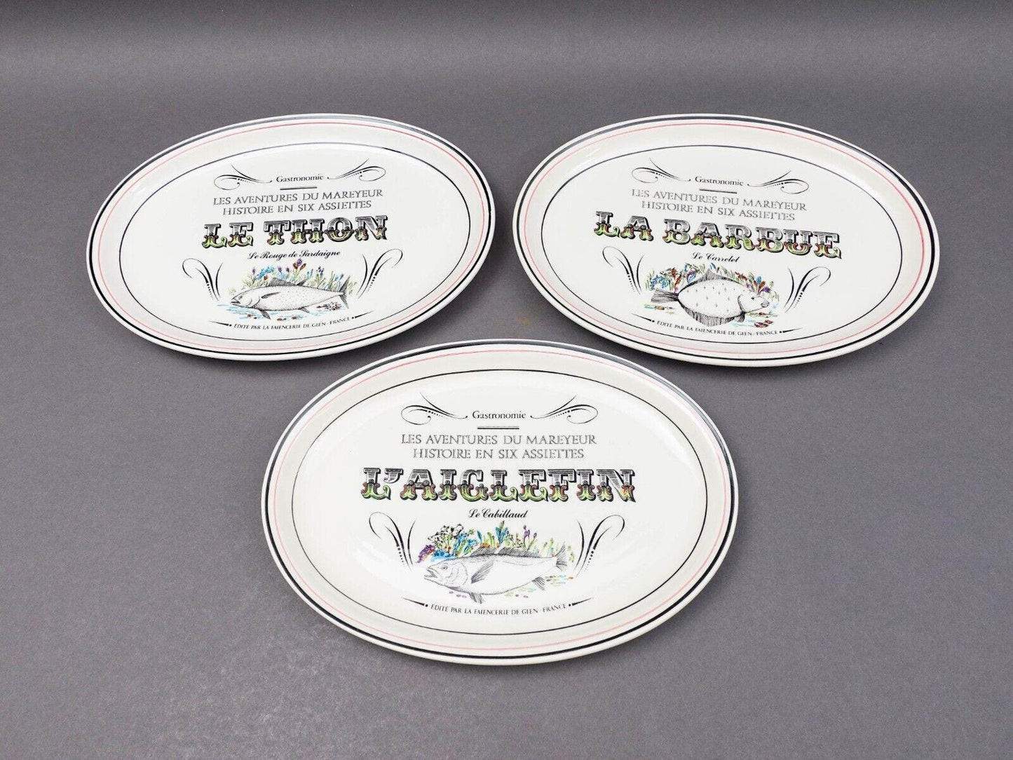 Gien France Les Adventures Du Mareyeur Thon Barbue L'Aiglefin Oval Fish Plates 3