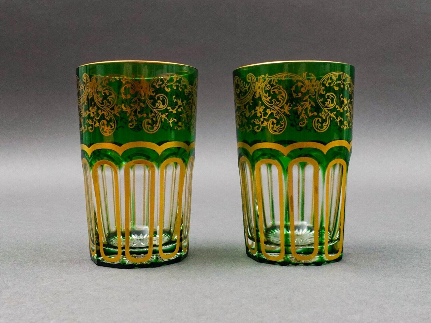 Saint St Louis Crystal France Rabat Green Gold Gilded Tea Tumbles Glass Set Of 2
