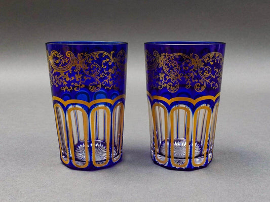 Saint St Louis Crystal France Rabat Blue Gold Gilded Tea Tumbles Glass Set Of 2