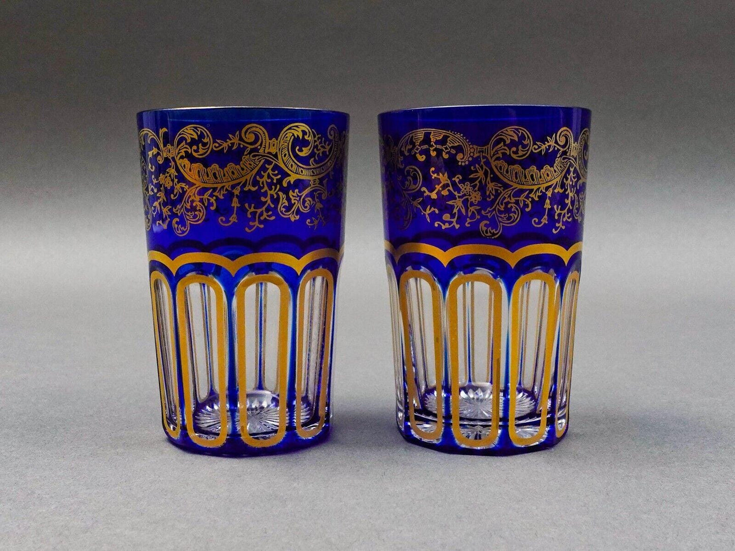 Saint St Louis Crystal France Rabat Blue Gold Gilded Tea Tumbles Glass Set Of 2