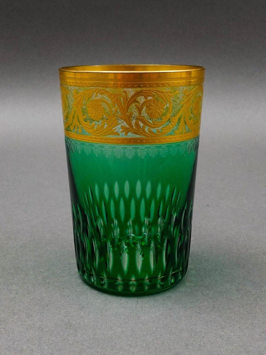 St Louis Crystal France Thistle Green & Gold Encrusted Tumbler Glass