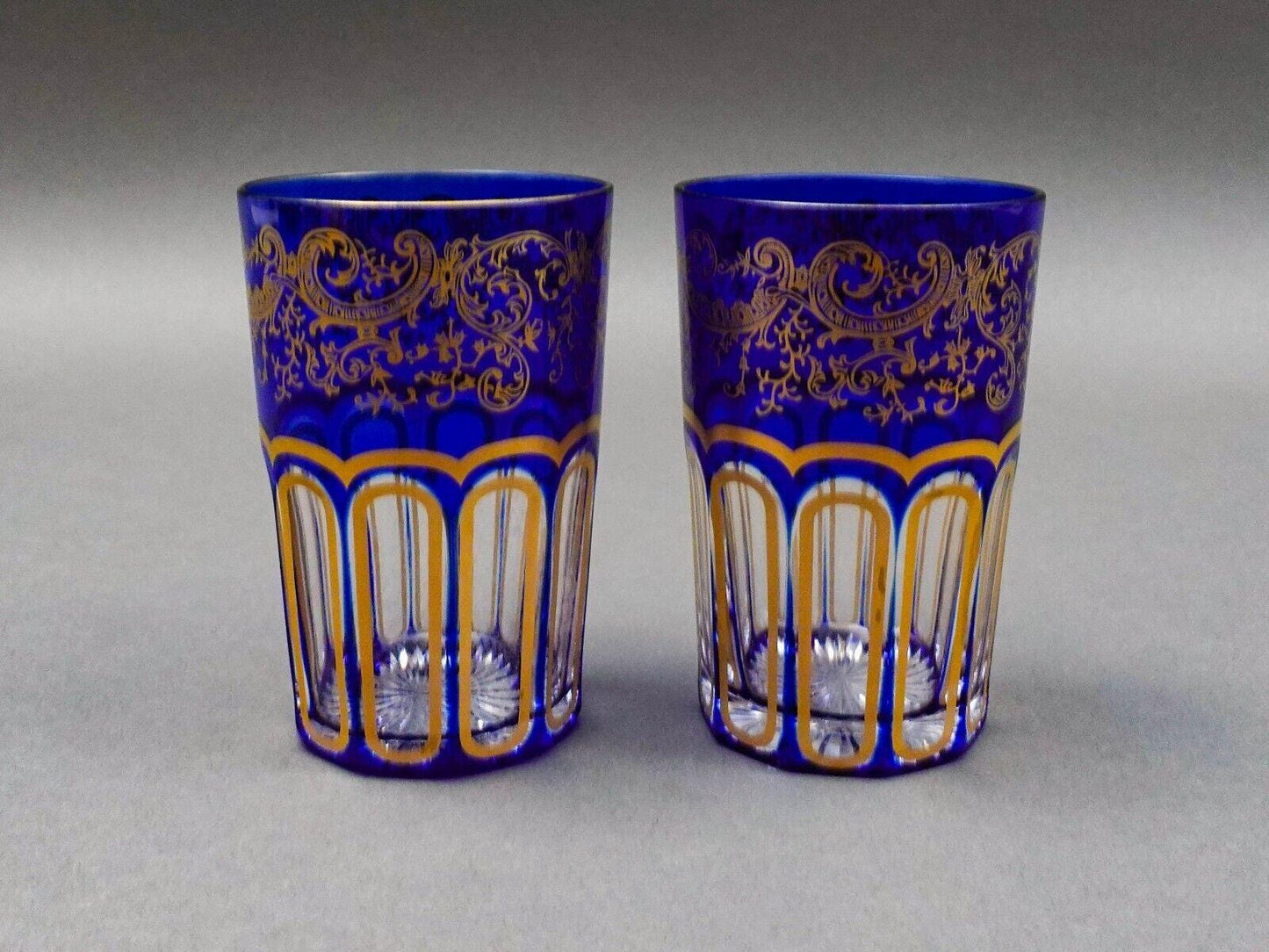 Saint St Louis Crystal France Rabat Blue Gold Gilded Tea Tumbles Glass Set Of 2