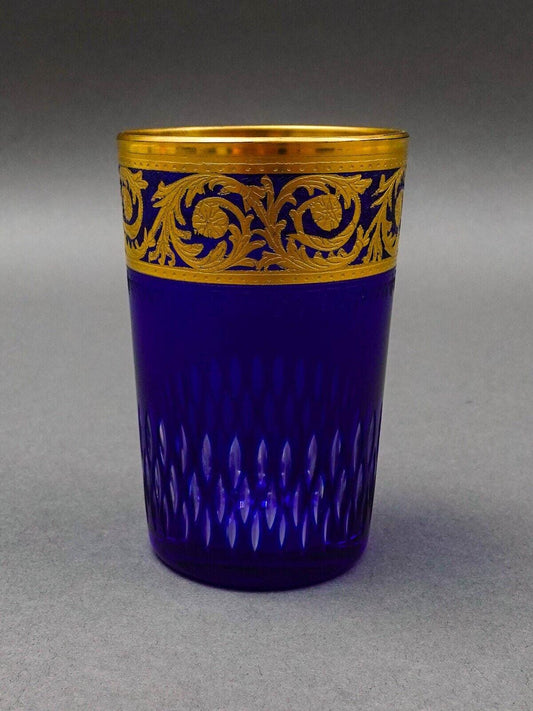 Saint St Louis Crystal France Thistle Blue & Gold Encrusted Tea Tumbler Glass