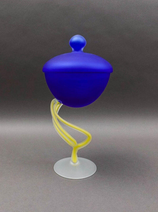 Josefina Krosno Poland Jelly Fish Blue & Yellow Art Glass Compote Bowl Sculpture