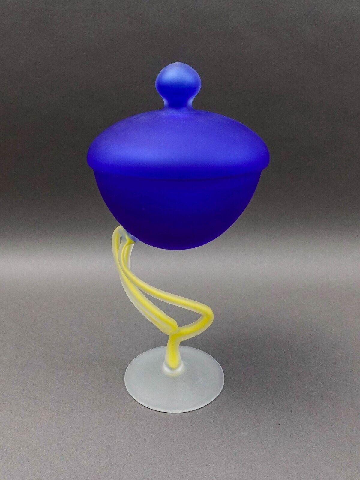 Josefina Krosno Poland Jelly Fish Blue & Yellow Art Glass Compote Bowl Sculpture