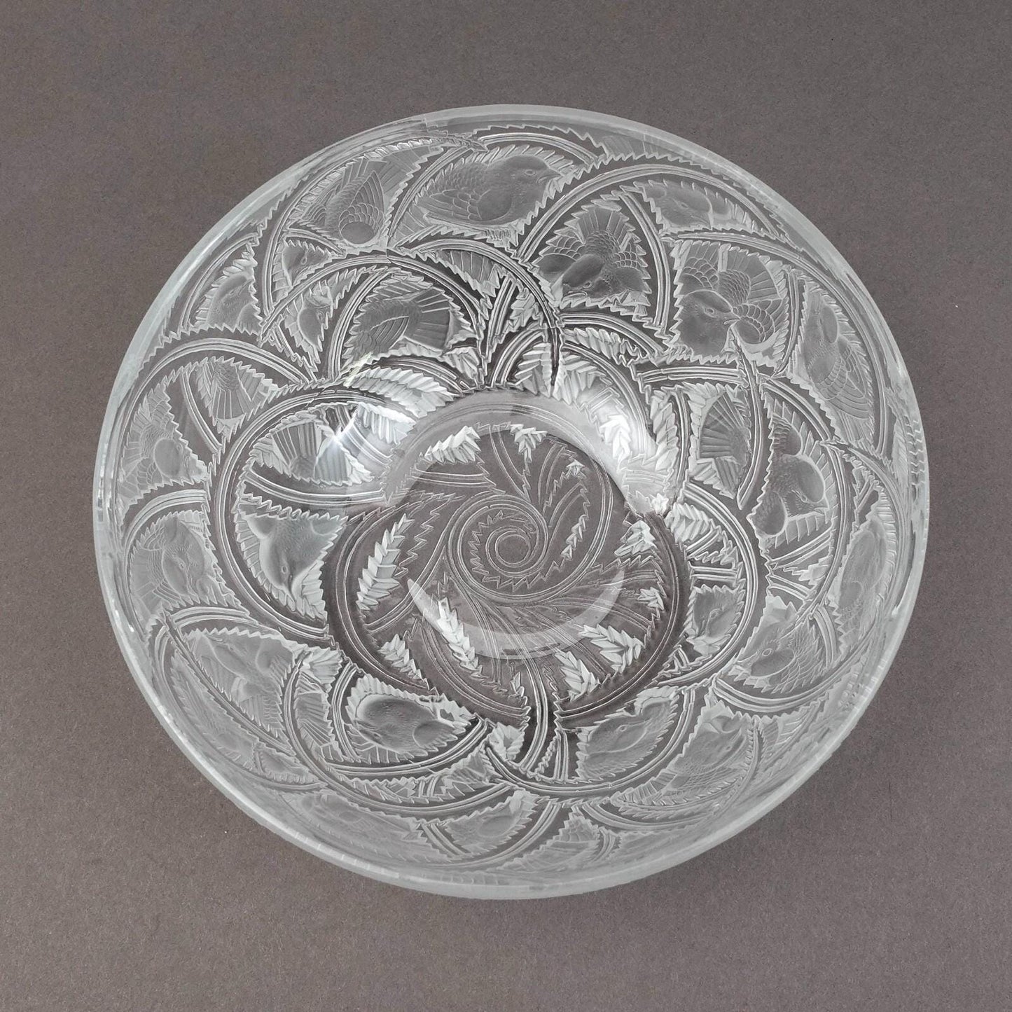Lalique Crystal France Signed Pinsons Finches Birds Glass Centerpiece Bowl 9.25"