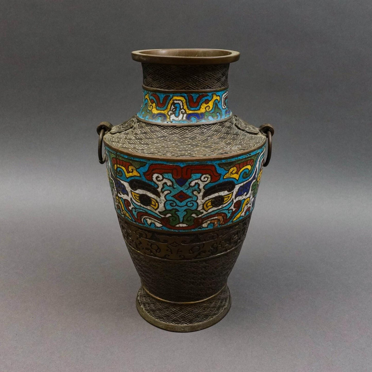 Japanese Champleve Cloisonne Bronze Handled Vase 11.75"