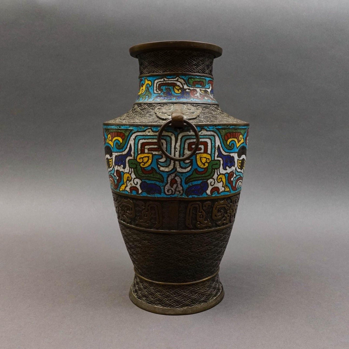 Japanese Champleve Cloisonne Bronze Handled Vase 11.75"