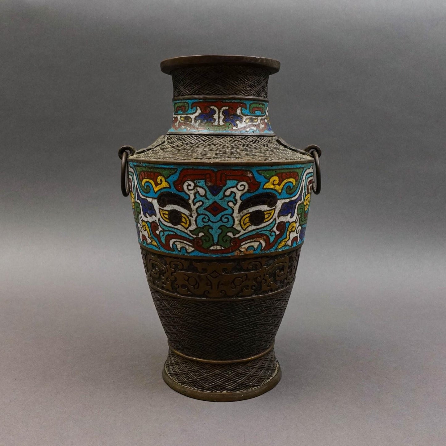 Japanese Champleve Cloisonne Bronze Handled Vase 11.75"