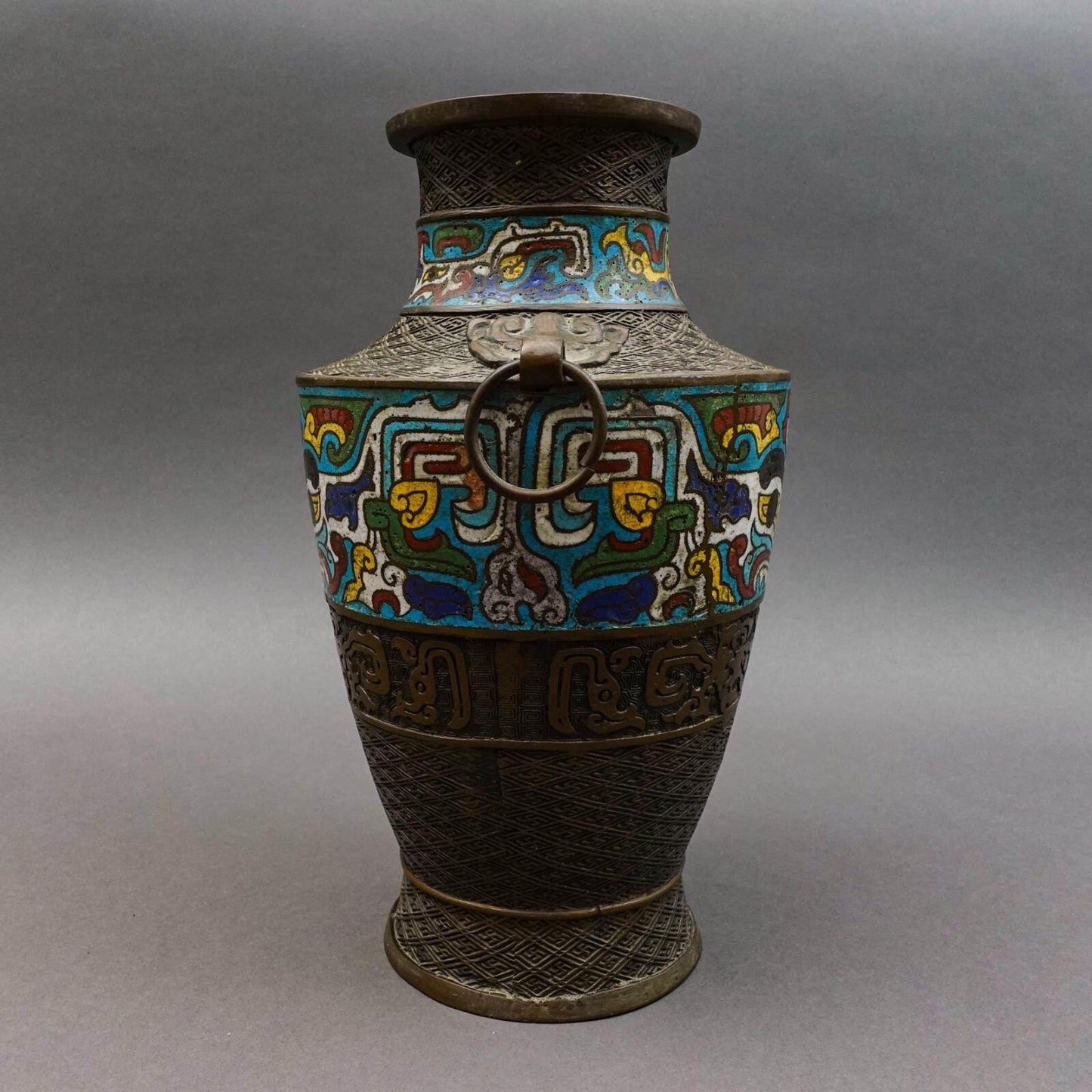 Japanese Champleve Cloisonne Bronze Handled Vase 11.75"