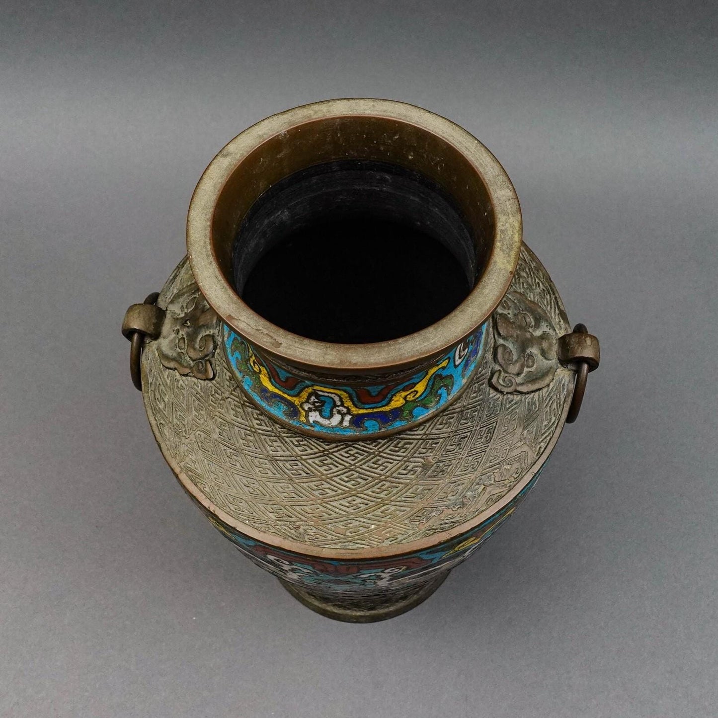 Japanese Champleve Cloisonne Bronze Handled Vase 11.75"