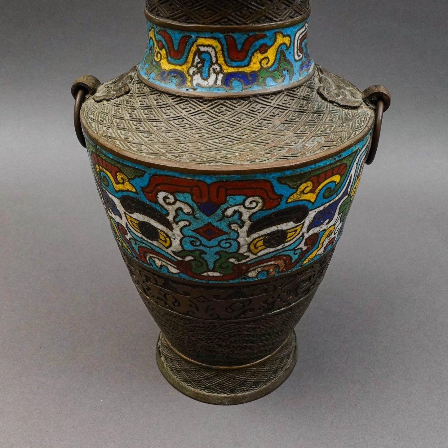 Japanese Champleve Cloisonne Bronze Handled Vase 11.75"