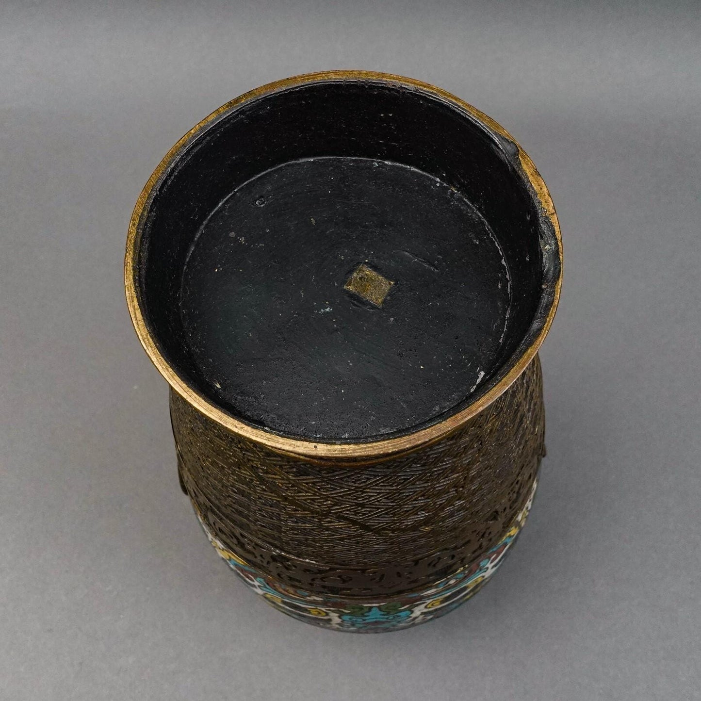 Japanese Champleve Cloisonne Bronze Handled Vase 11.75"