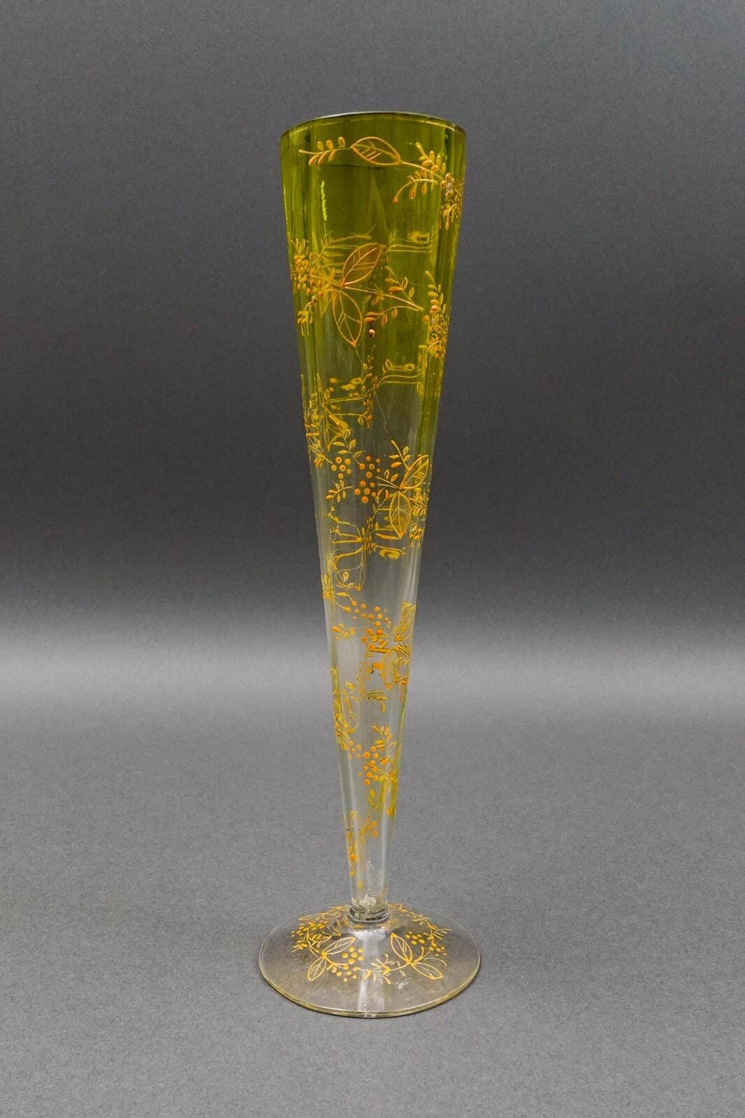 Bohemian Moser Type Floral Gold Gilt Optic Molded Art Glass Trumpet Vase 12"