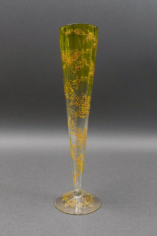 Bohemian Moser Type Floral Gold Gilt Optic Molded Art Glass Trumpet Vase 12"
