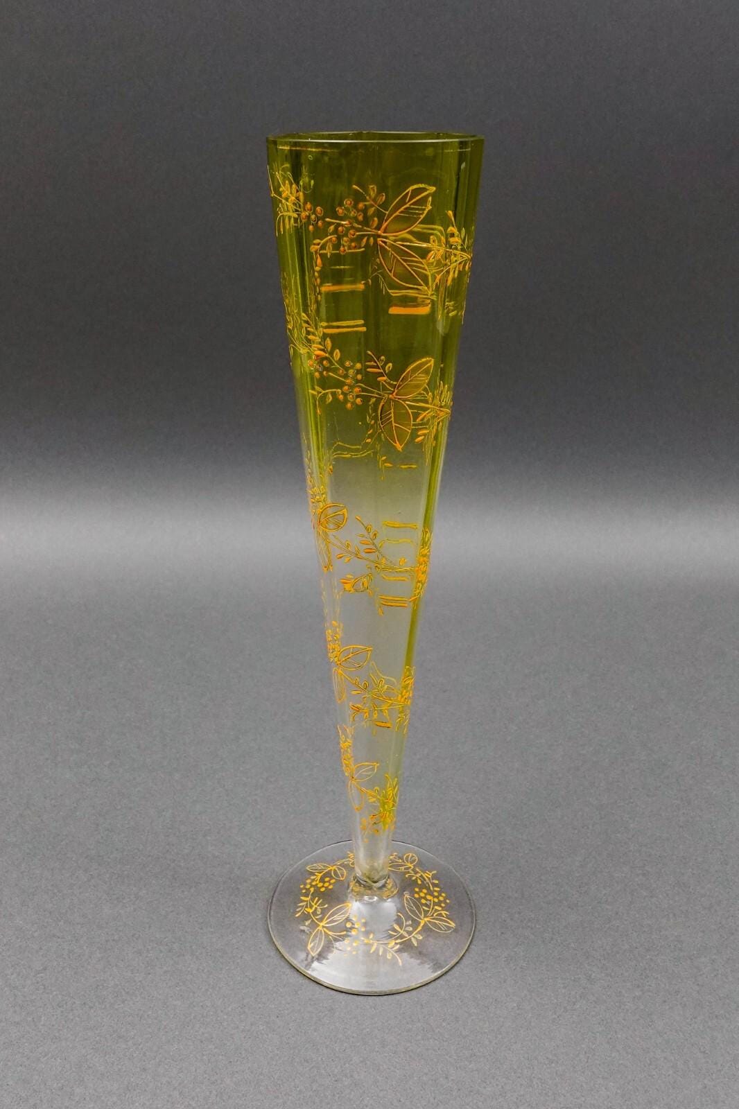 Bohemian Moser Type Floral Gold Gilt Optic Molded Art Glass Trumpet Vase 12"
