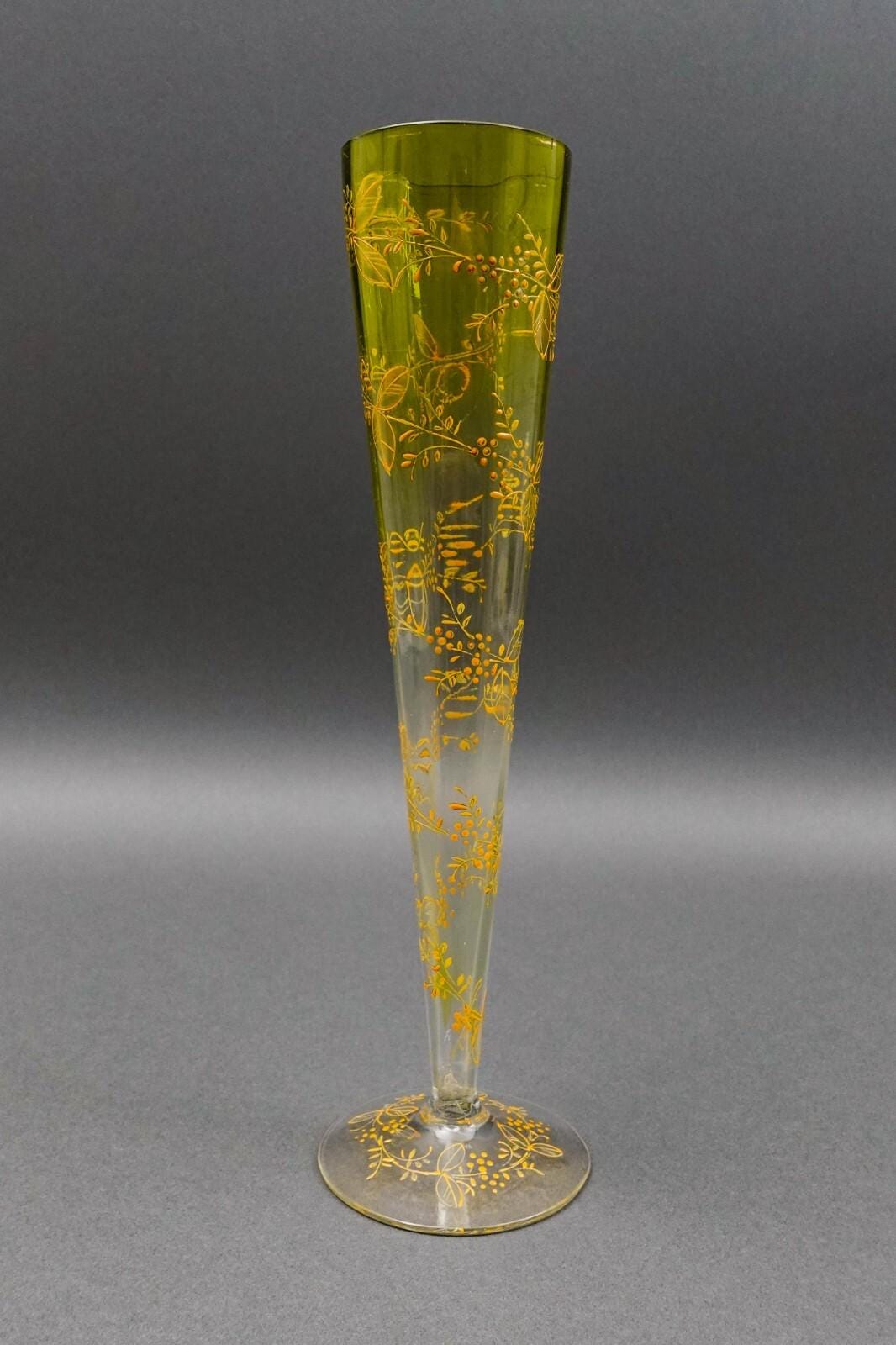 Bohemian Moser Type Floral Gold Gilt Optic Molded Art Glass Trumpet Vase 12"