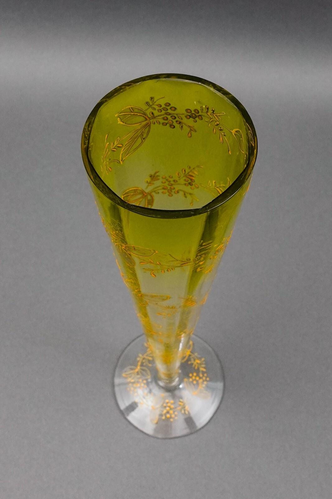 Bohemian Moser Type Floral Gold Gilt Optic Molded Art Glass Trumpet Vase 12"
