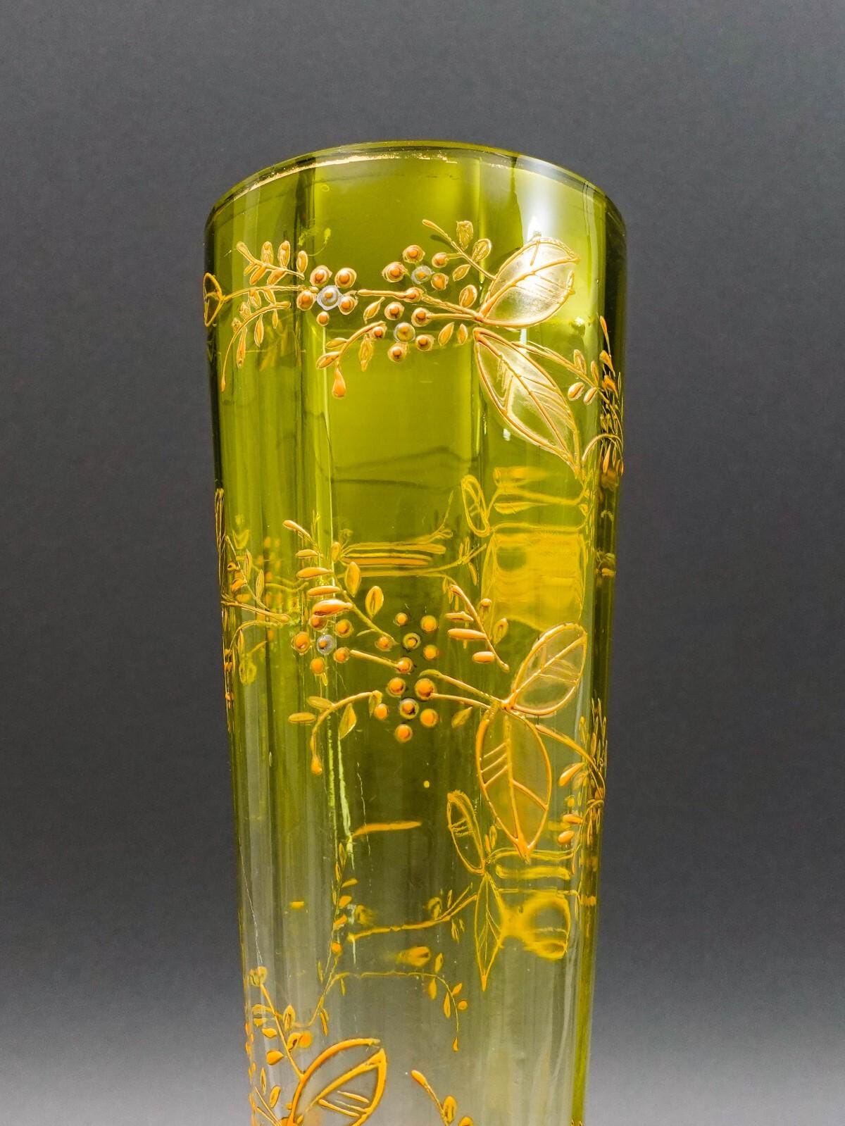 Bohemian Moser Type Floral Gold Gilt Optic Molded Art Glass Trumpet Vase 12"