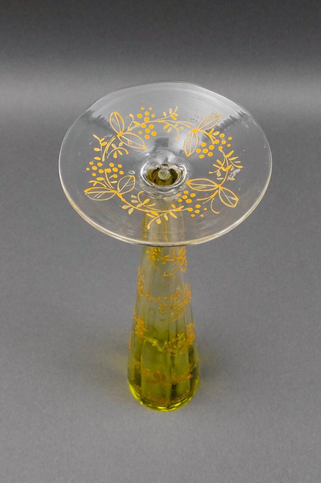 Bohemian Moser Type Floral Gold Gilt Optic Molded Art Glass Trumpet Vase 12"