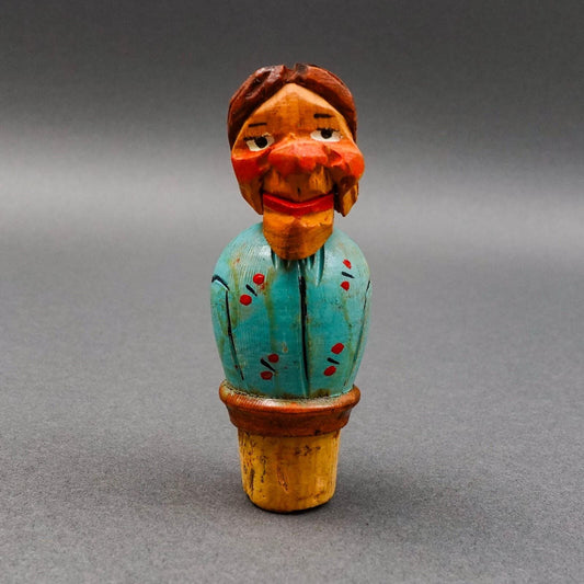 Anri Italy Early Vintage Hand Carved Wood Cork Bottle Stopper Mechanical Mouth