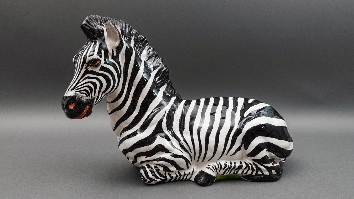 Italian Vintage Large Hand Painted Glazed Terracotta Pottery Zebra Sculpture 16"