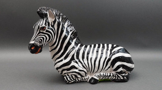 Italian Vintage Large Hand Painted Glazed Terracotta Pottery Zebra Sculpture 16"