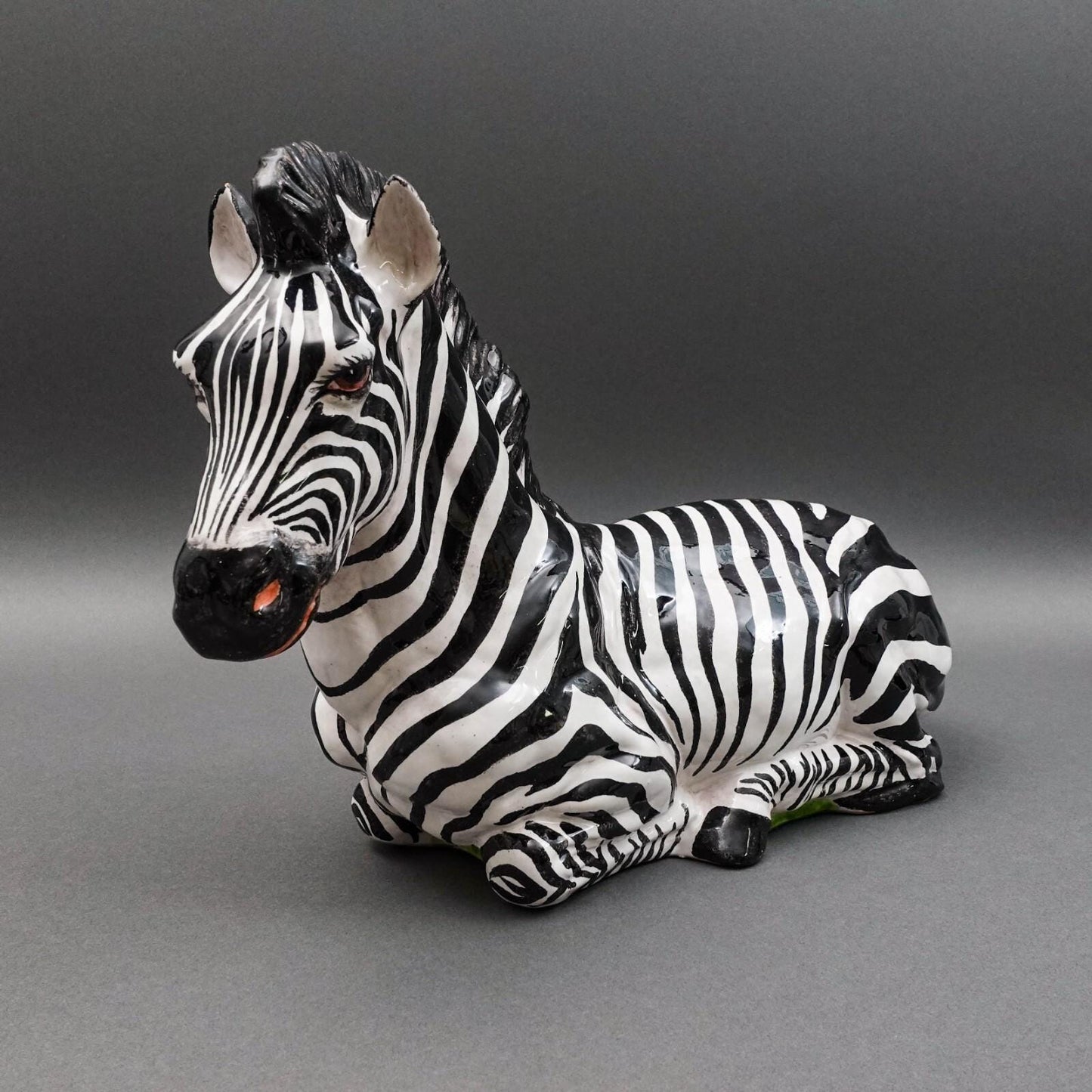 Italian Vintage Large Hand Painted Glazed Terracotta Pottery Zebra Sculpture 16"