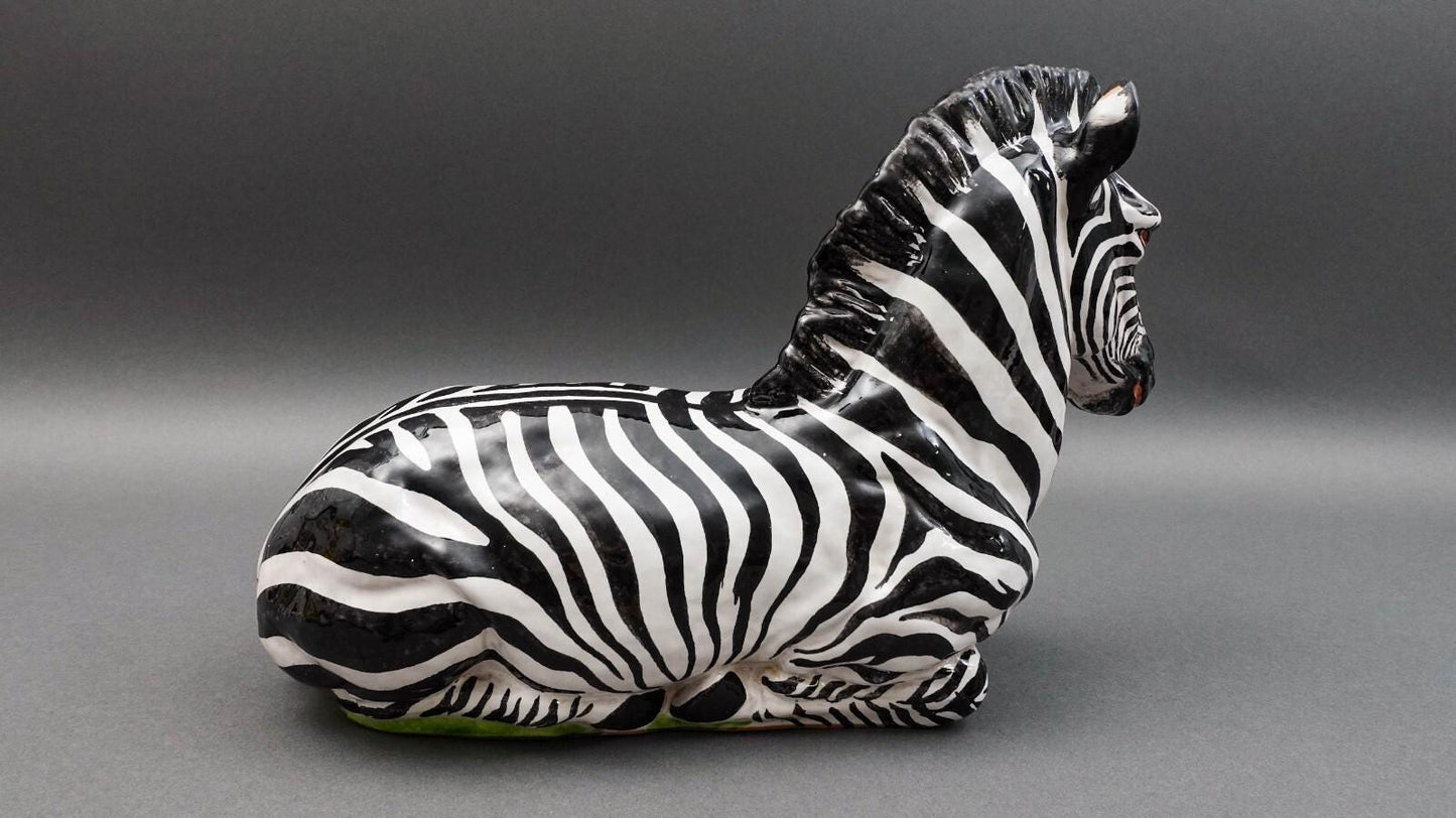 Italian Vintage Large Hand Painted Glazed Terracotta Pottery Zebra Sculpture 16"