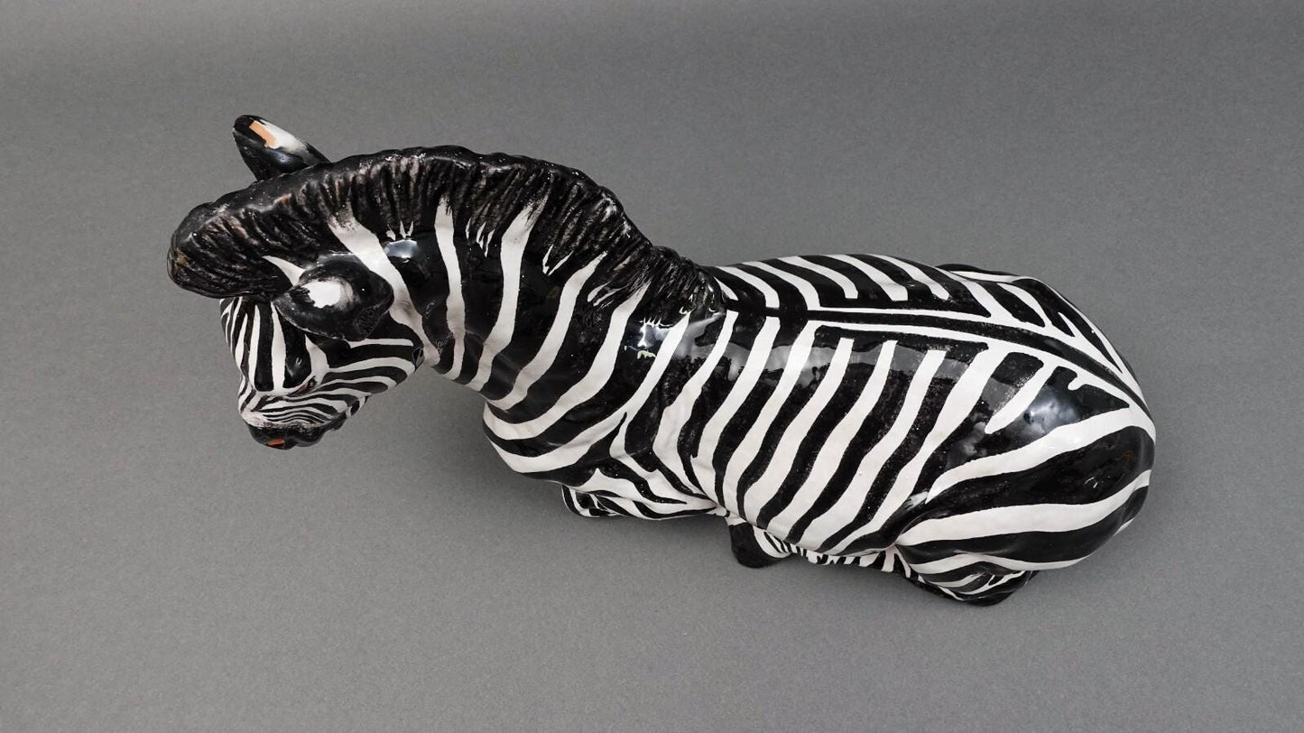 Italian Vintage Large Hand Painted Glazed Terracotta Pottery Zebra Sculpture 16"