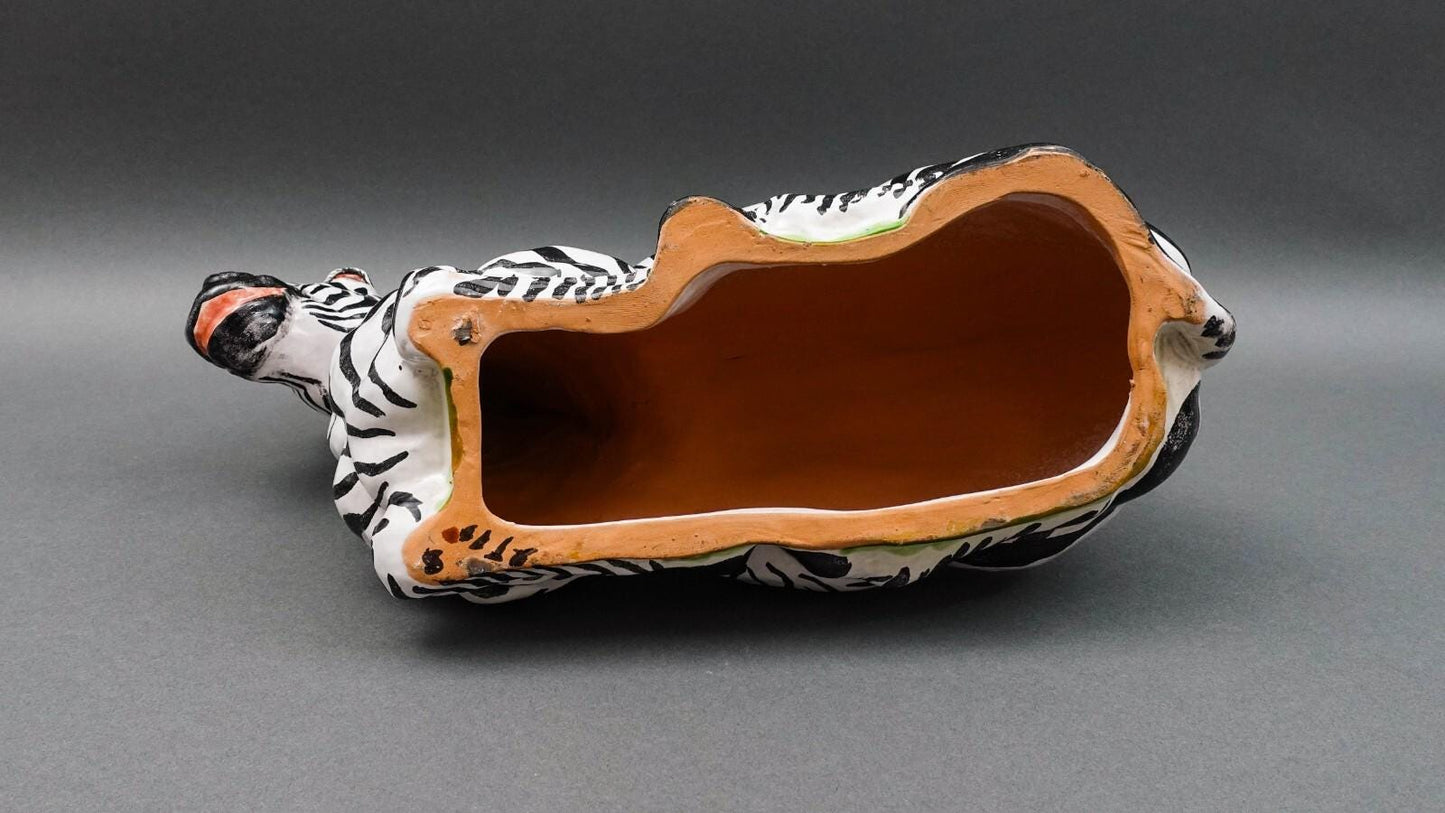 Italian Vintage Large Hand Painted Glazed Terracotta Pottery Zebra Sculpture 16"