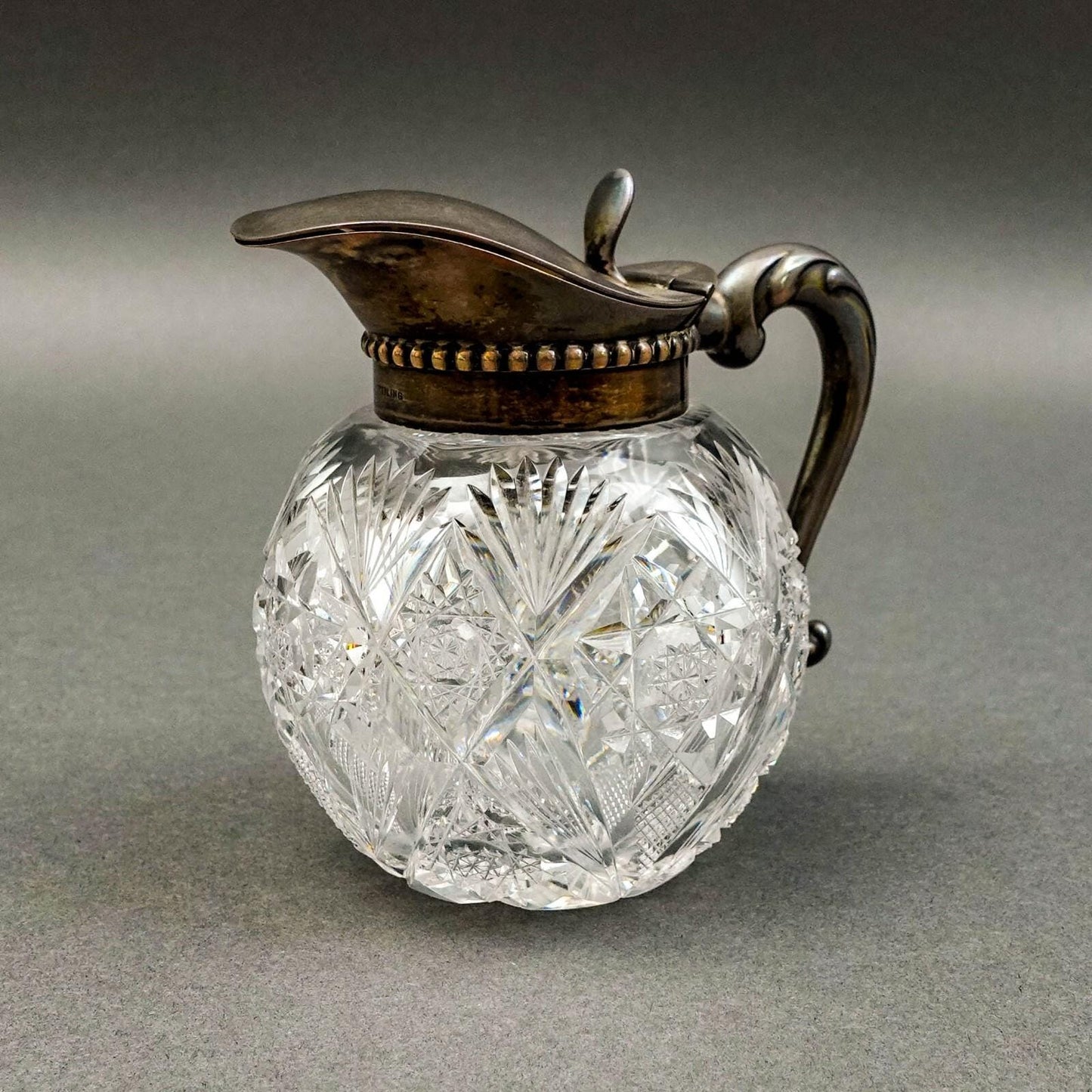 Hawkes NY Signed Sterling Silver Brilliant Cut Crystal Glass Syrup Jug Pitcher