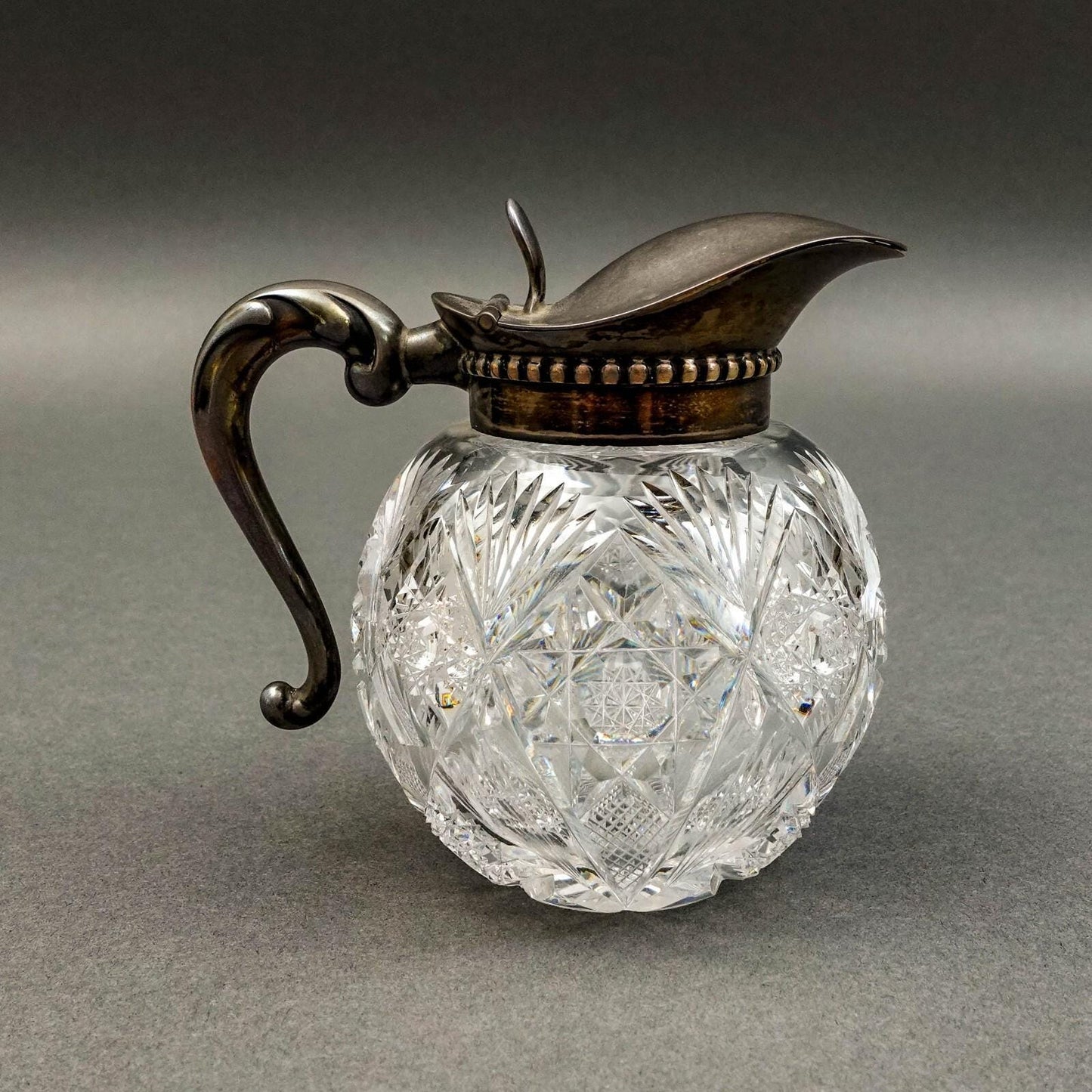 Hawkes NY Signed Sterling Silver Brilliant Cut Crystal Glass Syrup Jug Pitcher