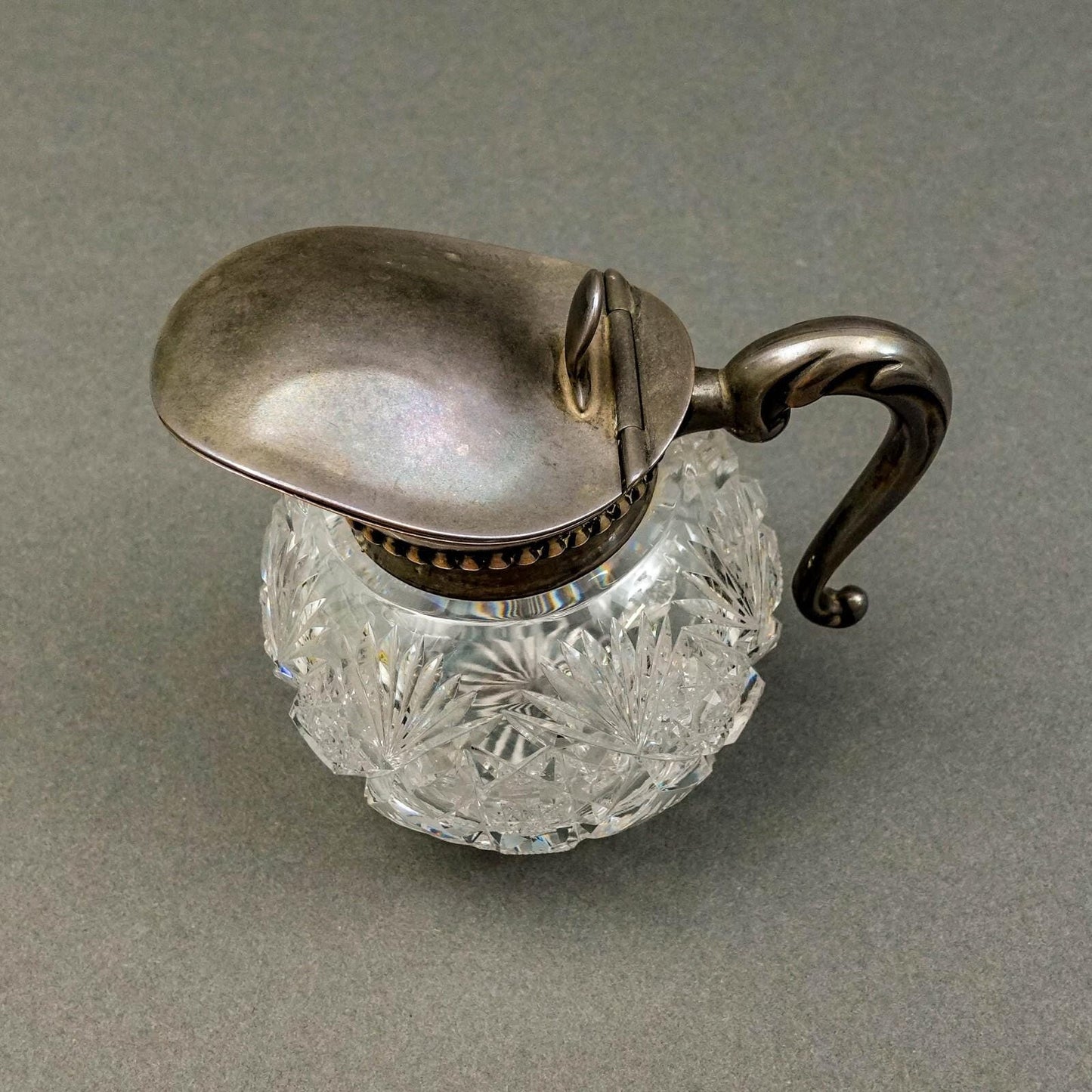 Hawkes NY Signed Sterling Silver Brilliant Cut Crystal Glass Syrup Jug Pitcher