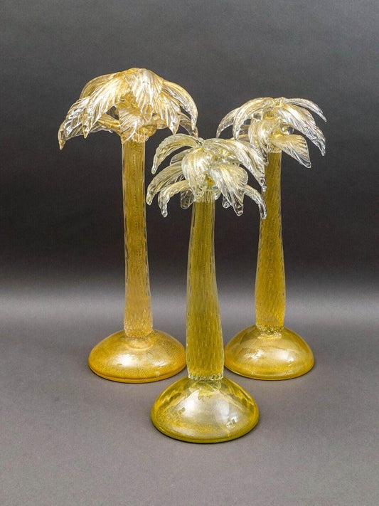 Signed Murano Italy Gold Fleck Glass Palm Tree Candlestick Candleholder Set Of 3