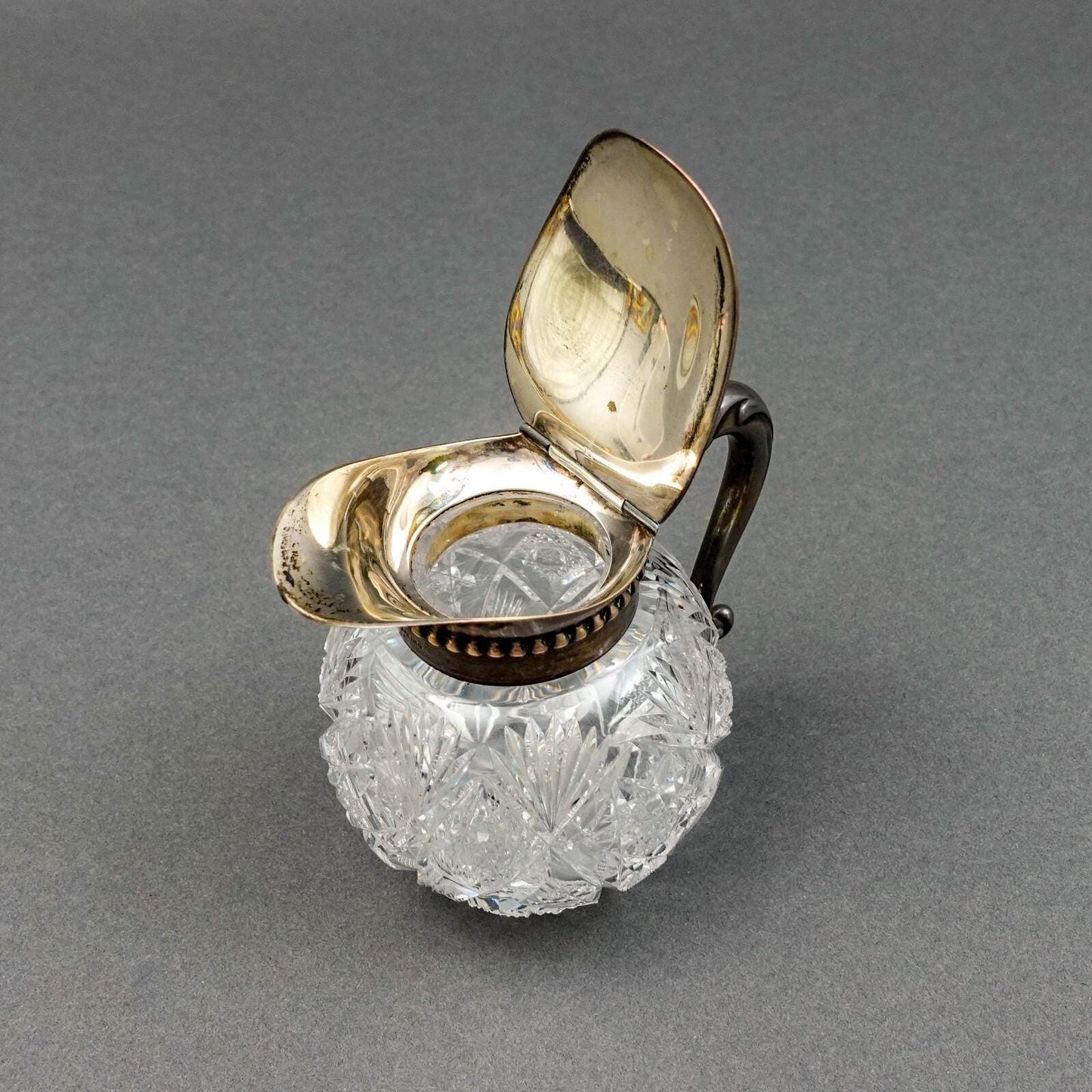 Hawkes NY Signed Sterling Silver Brilliant Cut Crystal Glass Syrup Jug Pitcher