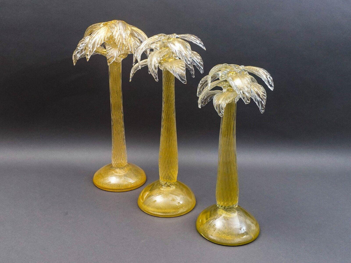 Signed Murano Italy Gold Fleck Glass Palm Tree Candlestick Candleholder Set Of 3