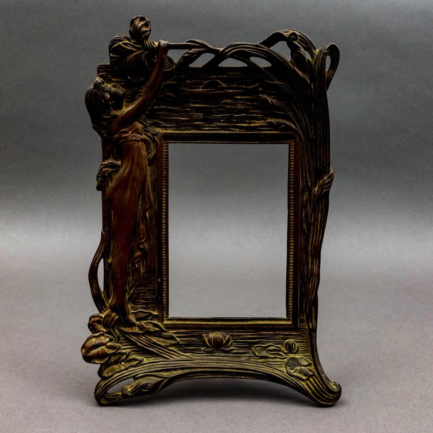 Antique Cast Bronze Art Nouveau Maiden 4" x 6" Picture Photo Easel Frame