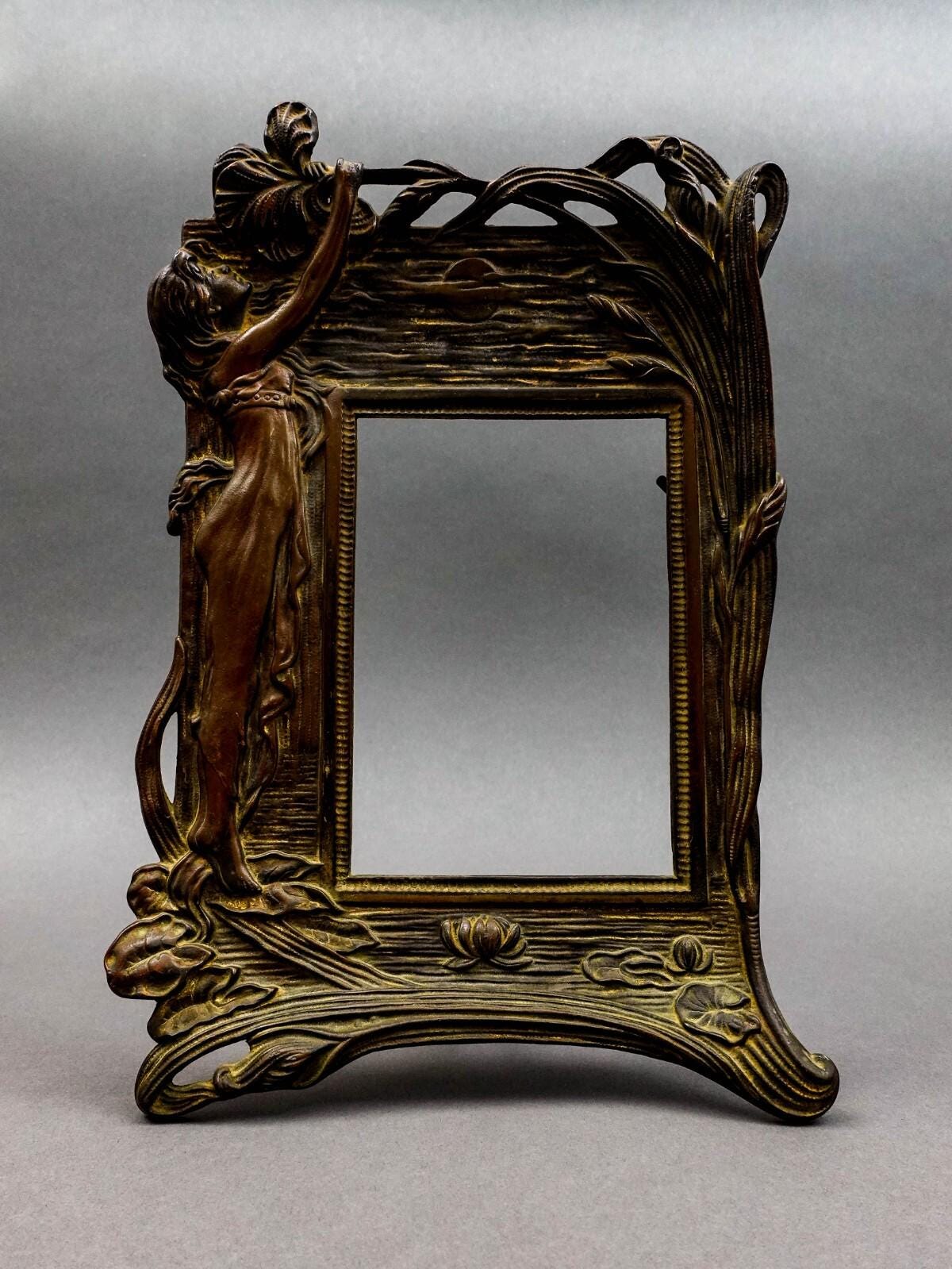 Antique Cast Bronze Art Nouveau Maiden 4" x 6" Picture Photo Easel Frame