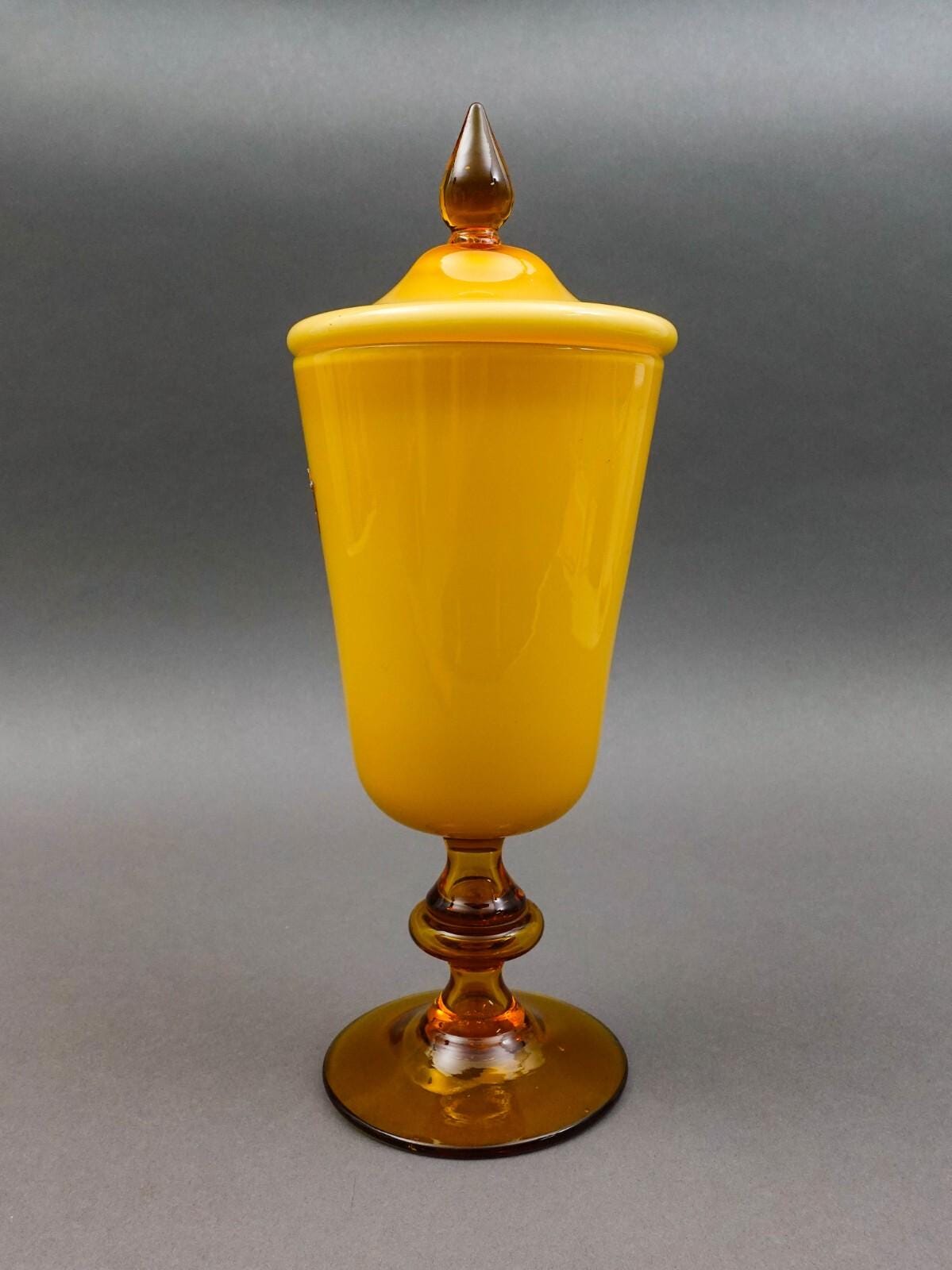 Empoli Italy For KB MCM Amber Cased Art Glass Lidded Apothecary Jar 13 1/2"