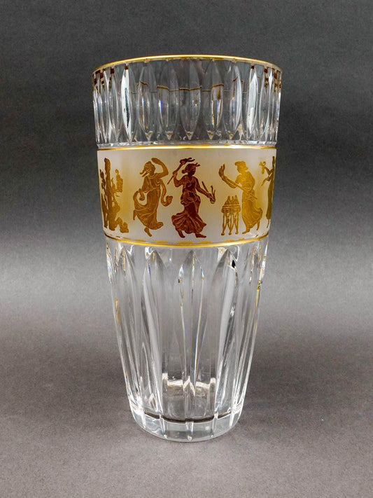 Val St Lambert Signed Danse De Flore Gold Gilt Cut Crystal Vase 9"