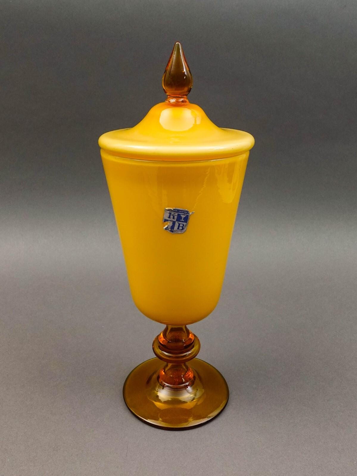 Empoli Italy For KB MCM Amber Cased Art Glass Lidded Apothecary Jar 13 1/2"