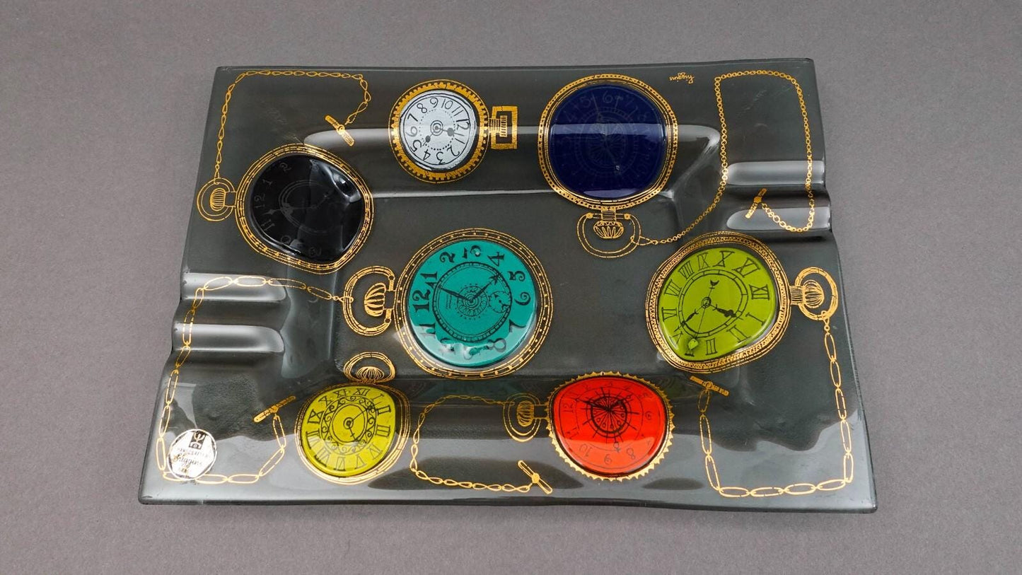 Higgins Glass Studio Vintage Pocket Watches Fused Art Glass Ashtray Catchall 14"